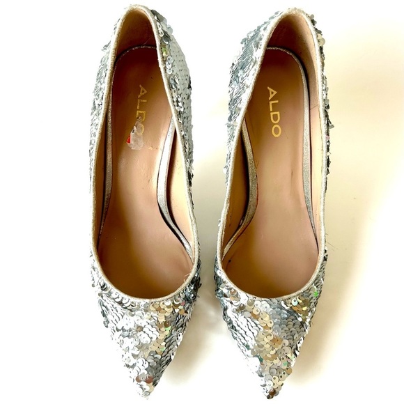 Aldo Uloaviel Silver Sequin Pointed Toe Stiletto High Heel Pumps Flip 37 / 6.5 - Picture 5 of 9